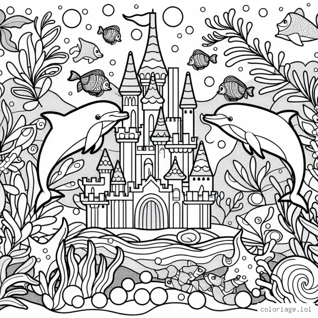 Imagine un paysage fabuleux d'un royaume sous-marin avec des dauphins joyeux, un château de corail brillant, des poissons-colorés, des perles éparpillées et des algues fantaisistes.