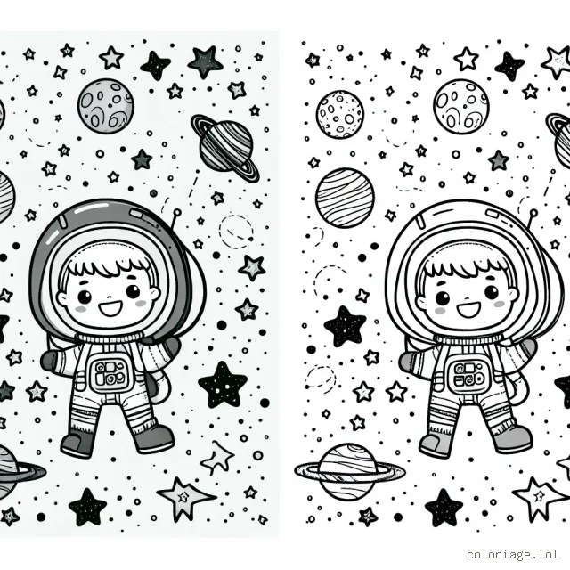 Un petit garçon astronaute explore la galaxie sur son vaisseau spatial. Il y a de nombreuses étoiles, planètes et autres formes cosmiques tout autour de lui. Dessinez et colorez cette scène !