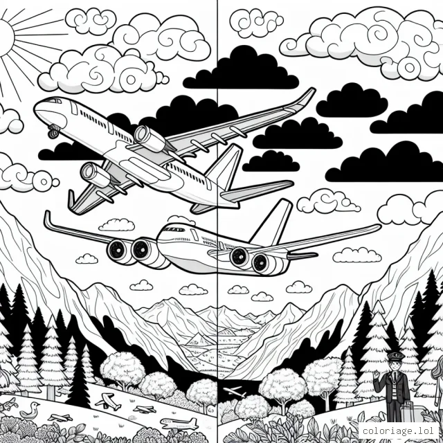 Imagine un avion volant dans le ciel lumineux, naviguant à travers les nuages. Il y a des montagnes majestueuses en bas, avec des arbres et des animaux. L'avion lui-même est grand et impressionnant, avec des lignes lisses et des ailes larges. Il peut y avoir des hôtesses de l'air et des passagers visibles à l'intérieur. Que ressentiriez-vous si vous étiez sur ce vol?