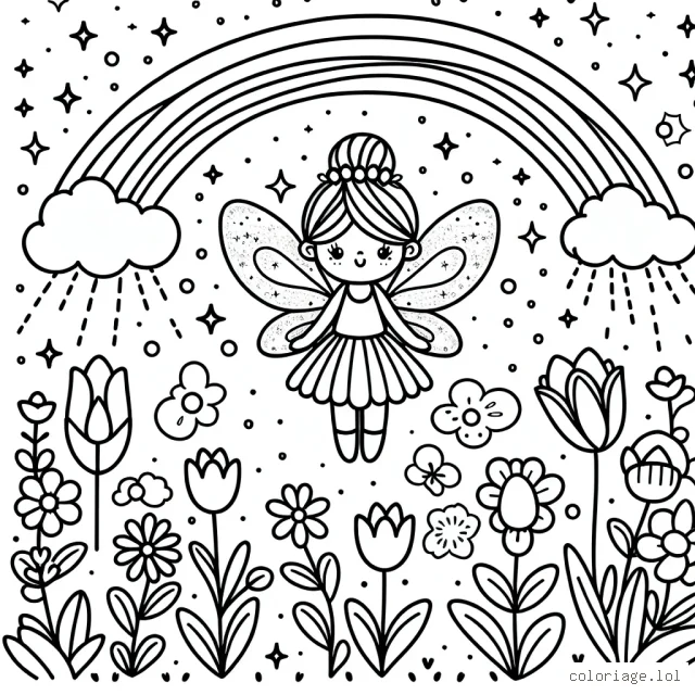 Une petite fée avec des ailes scintillantes flottant au-dessus d'un jardin fleuri plein de roses, de tulipes et de marguerites, avec un arc-en-ciel à l'arrière-plan