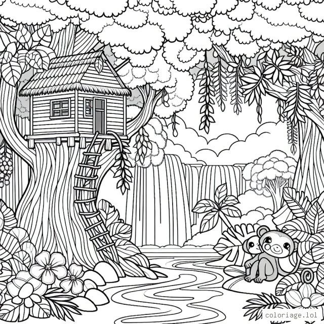 Imagine un paysage de jungle luxuriante, arboré de grands arbres, de vignes grimpantes et de fleurs exotiques. Au milieu de la jungle se trouve une cabane dans un arbre, habitée par un petit singe malicieux. Des cascades coulent à l'arrière-plan, créant une atmosphère relaxante.