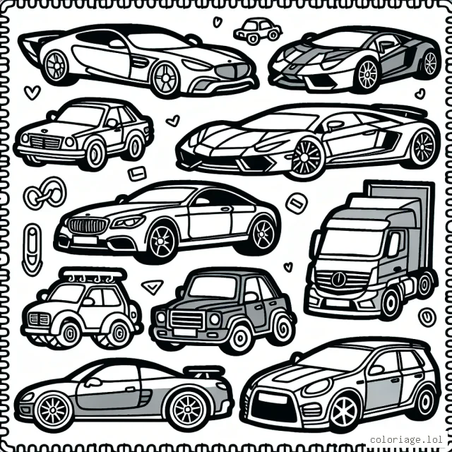 Un assortiment de voitures distinctes par marque pour le coloriage