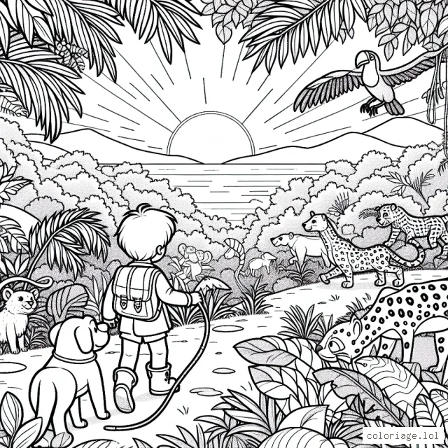 Alors que le soleil se lève à l'horizon, un petit garçon courageux et son fidèle chien partent à l'aventure dans la jungle dense. Ils rencontrent divers animaux sauvages comme les singes, les léopards et les toucans colorés. Aide-les à naviguer à travers la jungle dense et donne de la vie à leur aventure avec tes couleurs préférées.