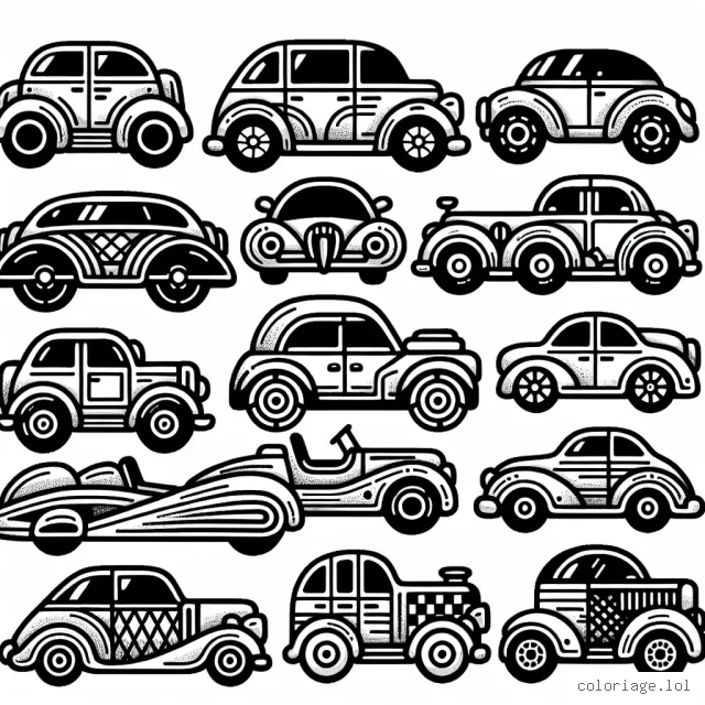 Imagine des voitures de différentes marques comme Ferrari, BMW, Mercedes, Renault et Audi. Toutes alignées en parade. Elles présentent des détails intéressants qui demandent une attention particulière pour le coloriage. Ainsi, chaque voiture peut avoir une couleur différente ou les mêmes teintes avec de légères variations.