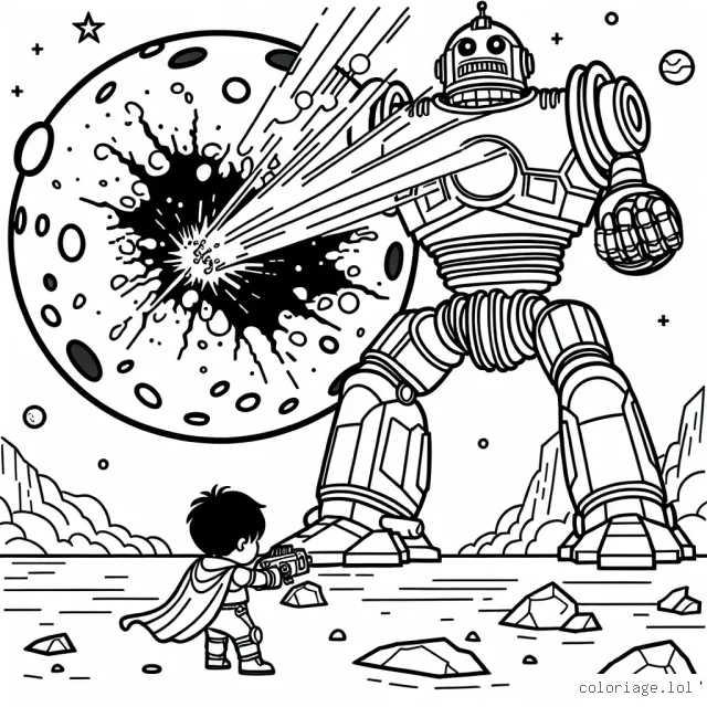 Un jeune garçon intrépide pilotant un robot géant détruisant un astéroïde menaçant la Terre