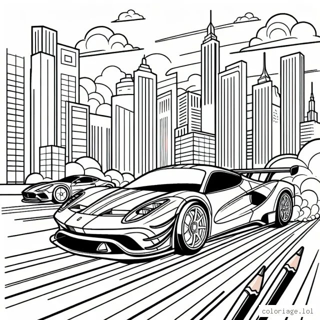Dessine des voitures par marque comme Ferrari, Bugatti, Lamborghini et Mercedes dans un scène de course sur route urbaine. Utilise des teintes vives pour exprimer la vitesse et l'énergie de la course.