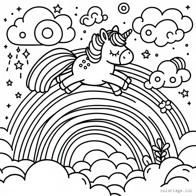 Préparez-vous à parcourir un monde féerique avec la petite licorne flottante au dessus des nuages arc-en-ciel. Peignez ce rêve enchanté avec vos crayons de couleurs préférés !