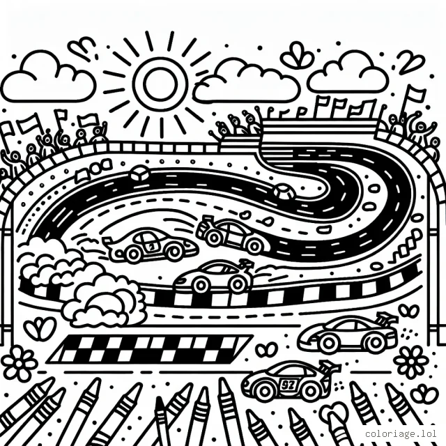 Rassemblez toutes vos crayons et donnez vie à cette scène animée d'un circuit de course automobile !