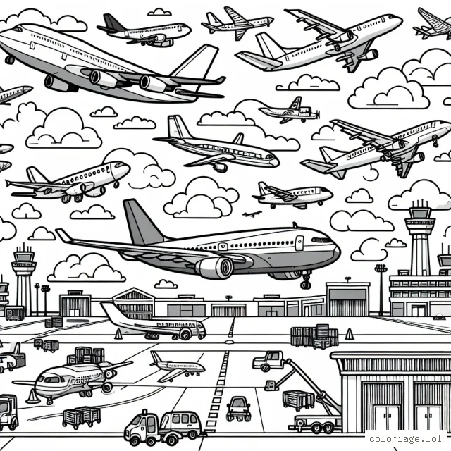 Sur la feuille de papier, plusieurs types d'avions survolent le ciel. Ils peuvent être de grands avions de ligne, des avions à hélice, des avions de chasse et même des avions anciens. En bas, vous pouvez dessiner une piste d'atterrissage, un hangar à avions et quelques membres du personnel de l'aéroport.