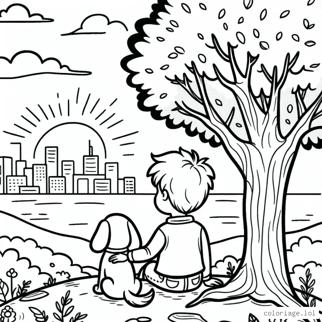 Un petit garçon et son chien en haut d'une colline assis près d'un arbre, regardant le coucher du soleil avec une ville en arrière-plan.