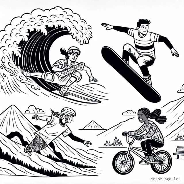 Dessine un athlète sur une planche de surf survolant une vague géante, une snowboardeuse faisant un saut périlleux en haut d'une montagne et une personne faisant du BMX sur une rampe verticale. Ajoute des détails comme le vent dans les cheveux, l'expression du visage et les vêtements sportifs.