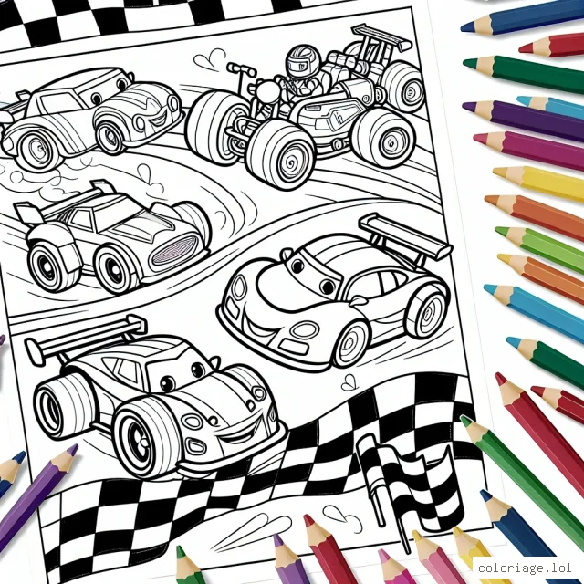 Un circuit animé avec des voitures de course colorées se prépare pour la grande course. Il y a des voitures de toutes formes et tailles, certaines sont lisses et rapides, tandis que d'autres sont grosses et puissantes. À vos marqueurs, prêts, coloriez !