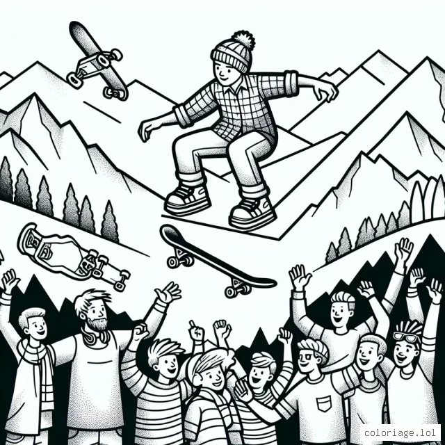 Un jeune skateur effectuant un saut périlleux sur une rampe, avec des montagnes en arrière-plan et des amis qui l'encouragent avec joie.