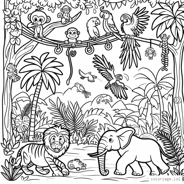 Vous allez maintenant colorier une jungle animée. Dans cette scène, vous trouverez divers animaux sauvages, comme des singes qui se balancent sur des lianes, un lion féroce qui rugit, un éléphant majestueux qui marche, des perroquets multicolores volant dans le ciel et une variété de plantes et d'arbres. Attention à ne pas oublier quelques créatures cachées dans cette jungle!