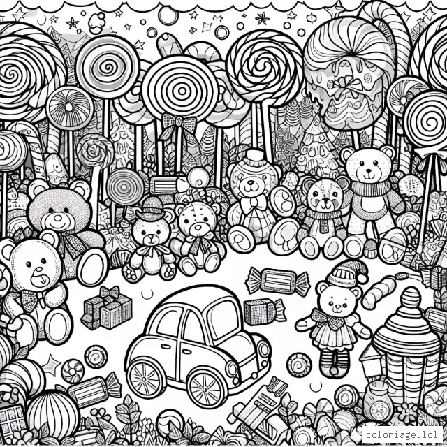 Un groupe de jouets colorés se baladant dans une forêt de bonbons