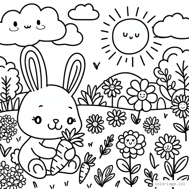 Dessine un paisible jardin anglais avec un lapin mangeant une carotte, une belle variété de fleurs, et un soleil souriant dans le ciel.