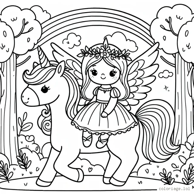 Dessine une princesse ailée se promenant dans la forêt enchantée avec son fidèle ami le licorne arc-en-ciel.