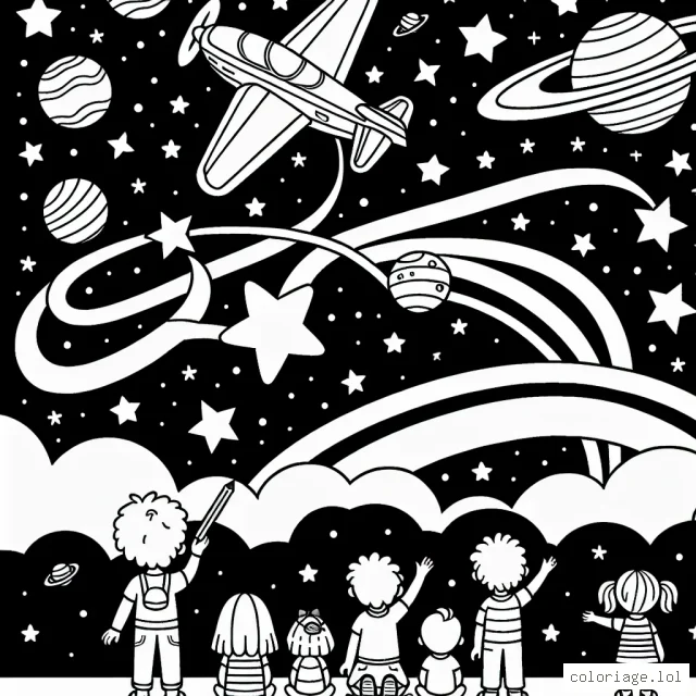 Illustration d'un avion acrobatique volant dans le ciel étoilé entouré de planètes avec une foule d'enfants admirative au sol