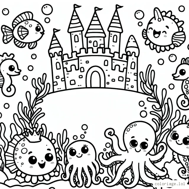 Dessin d'un royaume sous la mer animé par des créatures marines rigolotes