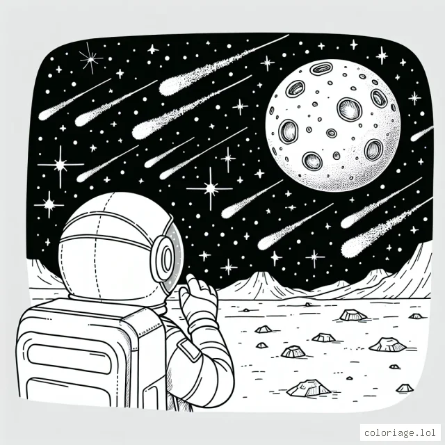 Un astronaute admirant une pluie d'étoiles filantes depuis la lune