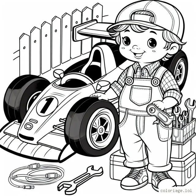 Sur la page de dessin, un petit garçon mécanicien joyeux est en train de réparer une grande voiture de course rouge. Il porte une casquette bleue, une salopette verte avec beaucoup d'outils dans les poches et la voiture a un grand numéro 1 sur le côté. Il y a également une petite clé à molette sur le sol à côté de lui.
