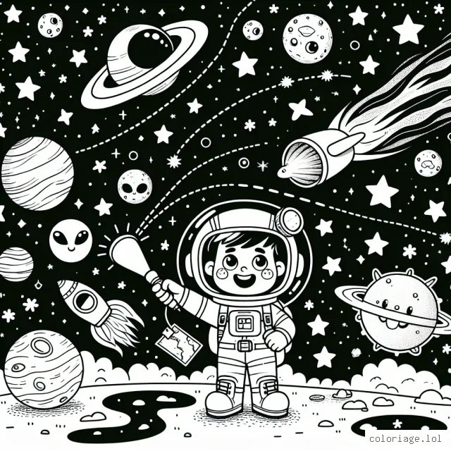 Un jeune astronaute s'aventure dans la galaxie, découvrant de nouvelles planètes et étoiles brillantes. Il croise des extraterrestres amicaux, des vaisseaux spatiaux majestueux et des comètes filantes. Un grand sourire éclaire son visage alors qu'il salut une étoile filante qui passe. Il tient une carte des étoiles scintillantes dans une main et une lampe de poche dans l'autre.