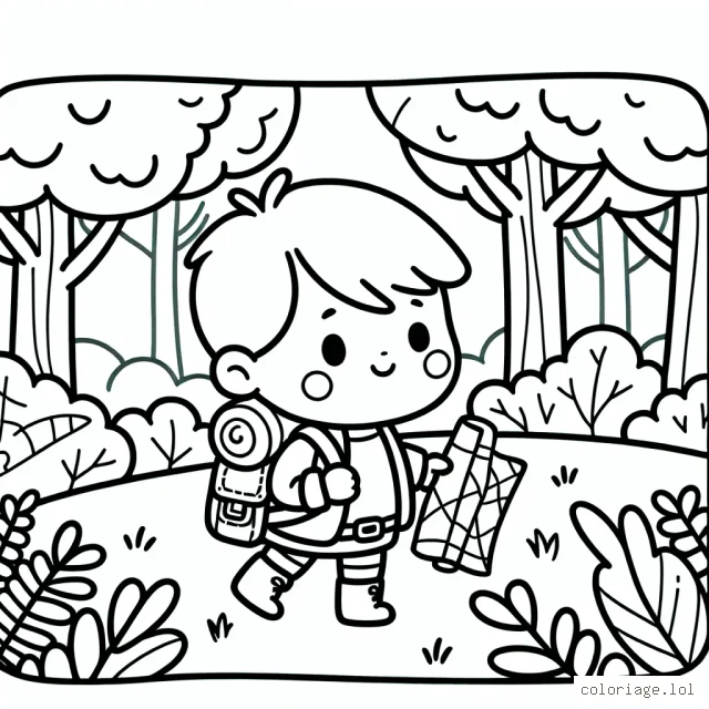 Un petit explorateur avec sa carte et son sac à dos dans une forêt enchantée