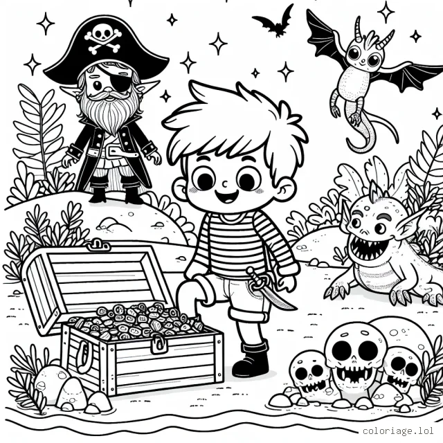 Un petit garçon découvre un trésor sur une île déserte, entouré de pirates brigands et de créatures magiques.