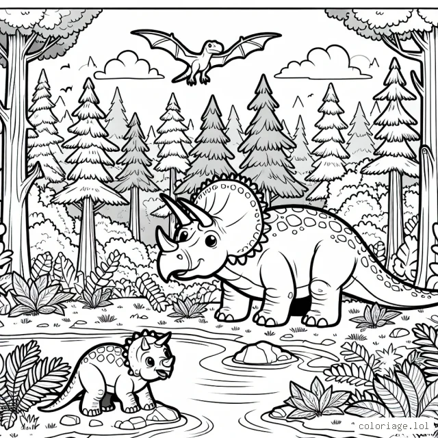Imagine un grand dinosaure Tricératops dans une forêt dense et luxuriante. Ce dinosaure est entouré de plusieurs plantes préhistoriques, et à côté de lui, un petit dinosaure Tricératops est en train de jouer. Tous les deux sont placés sur le rivage d'un lac tranquille, et dans le ciel, un Ptérodactyle majestueux est en train de voler.