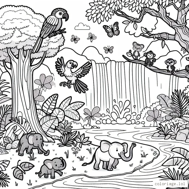 Dessiner une scène d'une jungle tropicale remplie de créatures animées. Incluez des arbres géants, une cascade ruisselante, un perroquet coloré perché sur une branche, un éléphant docile traversant un sentier, un singe malicieux sautant d'une liane à l'autre et un papillon gracieux flottant dans l'air.