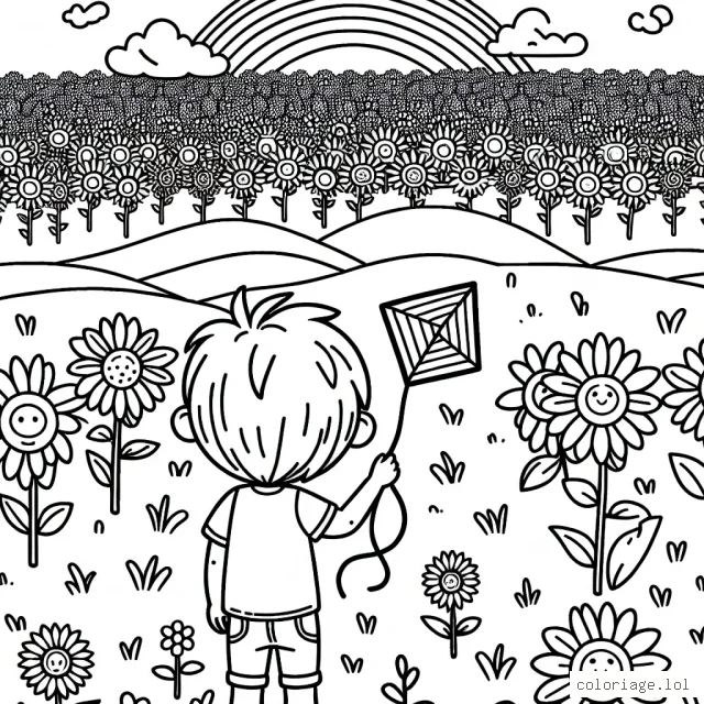 Un petit garçon est esseulé dans un immense champ de tournesols, tout en tenant un cerf-volant coloré à la main. Dans le ciel, il y a un arc-en-ciel et quelques nuages.