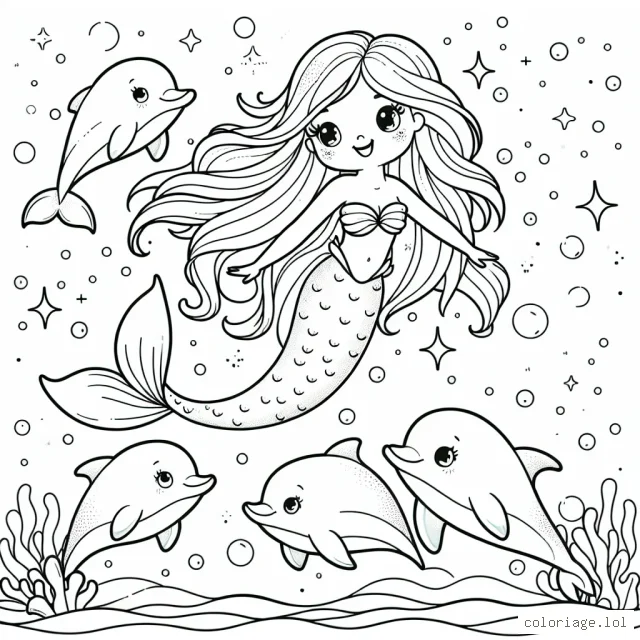 Une jolie sirène nage avec une bande de dauphins joyeux dans une mer étincelante et colorée.