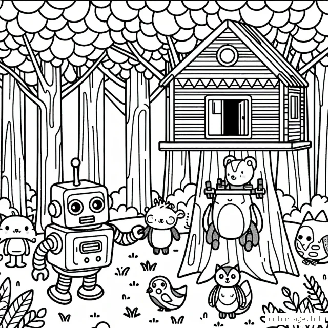 Un robot amical aidant une bande d'animaux dans la construction d'un arbre maison au milieu d'une forêt colorée.