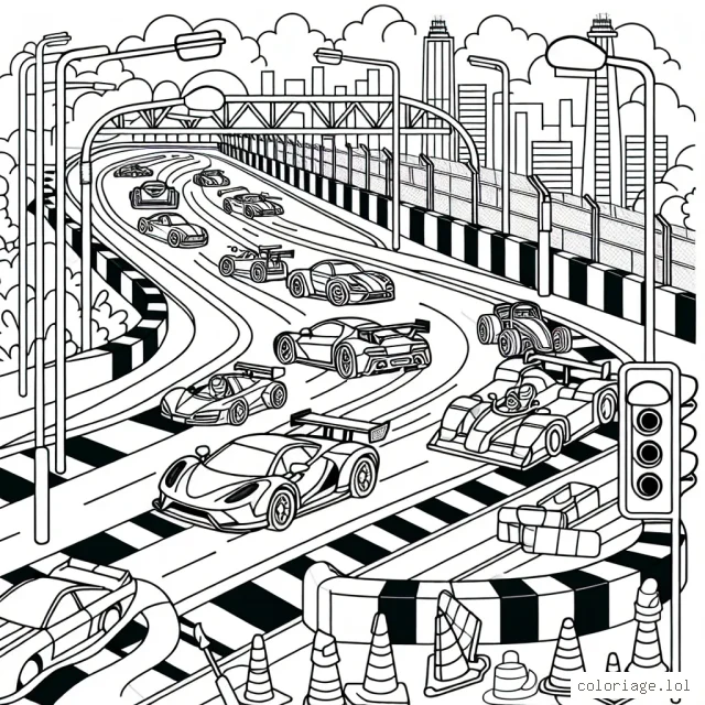 Un grand circuit de voitures de course plein de défis. Une variété de voitures superbement conçues, prêtes à être animées par les couleurs de ton choix. De plus, des accessoires comme des feux de signalisation, des cônes de circulation, des panneaux de signalisation sont aussi présents pour améliorer ton expérience de coloriage.