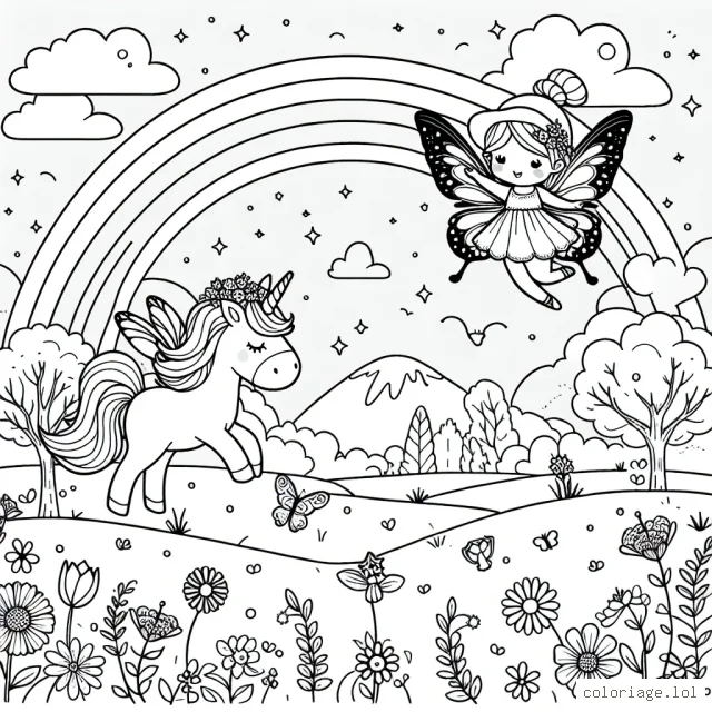 Imagine une scène féerique où une petite fée vole au-dessus d'une prairie fleurie, avec une licorne à ses côtés et un arc-en-ciel en arrière-plan.