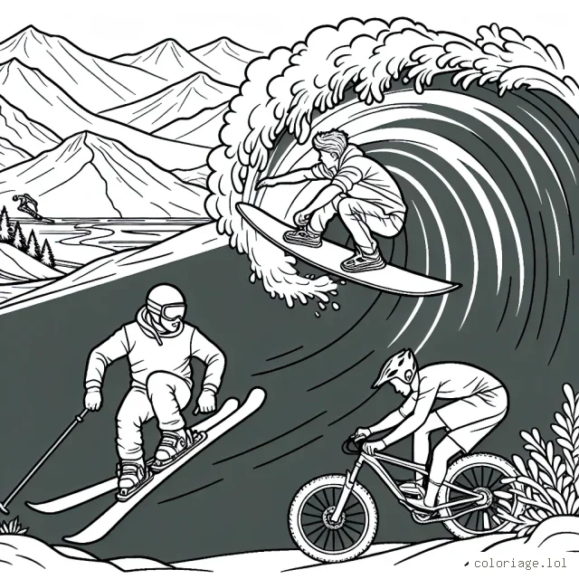 Dessine un skieur exécutant un saut à ski impressionnant sur une rampe de neige, un surfeur qui fait un grand tourbillon sur une immense vague et un vététiste qui descend une colline rocheuse à toute vitesse.