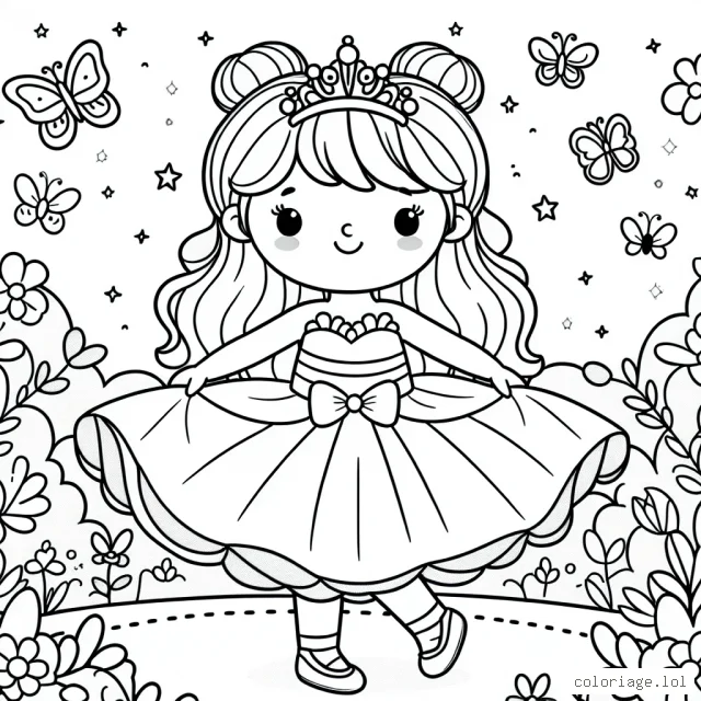 Image à colorier montrant une petite princesse dansante vêtue d'une belle robe, entourée de papillons et de fleurs dans un jardin magique.