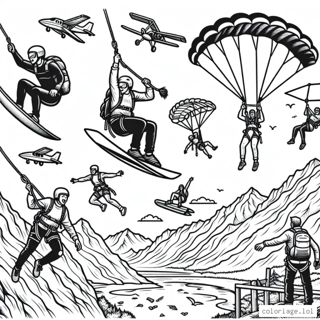 Dans ce dessin, tu vas découvrir des passionnés pratiquant du surf sur de grandes vagues, du saut à l'élastique à partir de montagnes élevées, du deltaplane au-dessus de paysages étonnants, et de l'escalade sur de grands rochers. Chaque sportif comporte un équipement détaillé que tu peux colorier à ta manière.