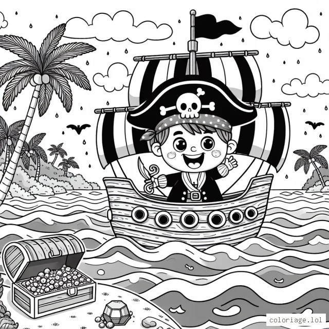 Un petit pirate souriant à bord de son imposant navire voguant sur des eaux agitées, avec un trésor étincelant et une carte de l'île au trésor à ses côtés. Des palmiers luxuriants et un perroquet coloré peuvent être aperçus à l'horizon sur l'île.