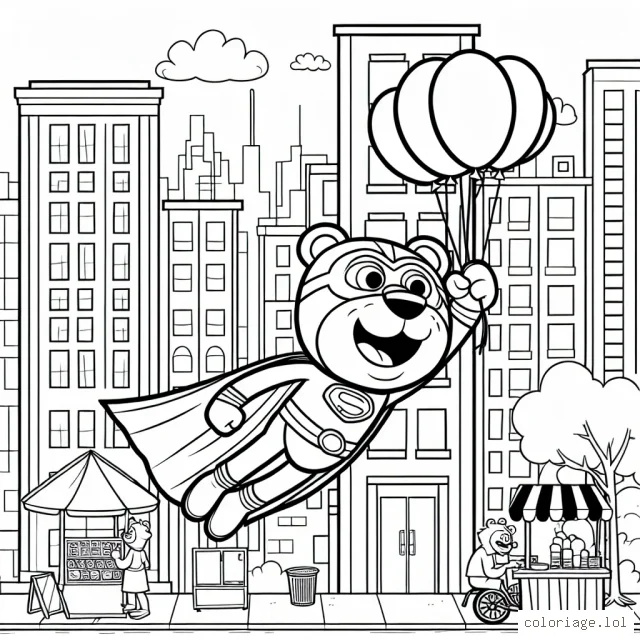 Un super-héros volant à travers la ville, en évitant divers obstacles tout en portant un costume de lion