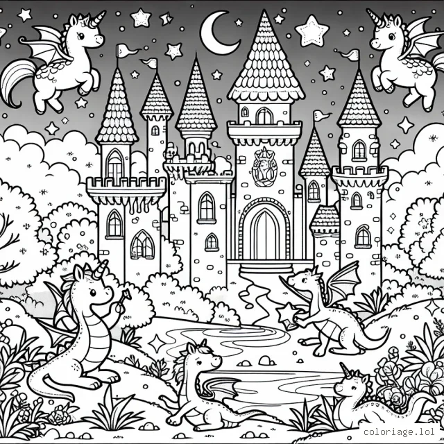 Une scène d'un château enchanté peuplé de petits dragons mignons jouant avec des licornes sous un beau ciel étoilé