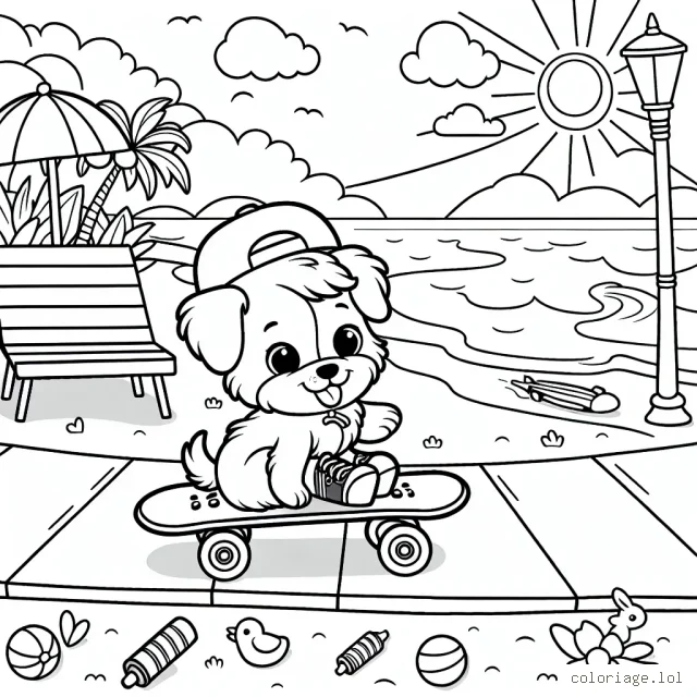 Un jeune chien qui fait du skateboard sur la promenade de la plage