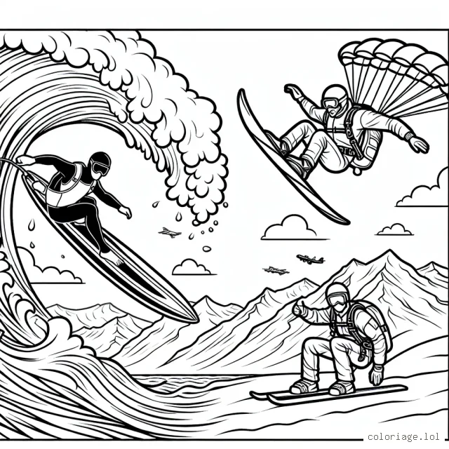 Dans ce dessin, vous verrez un surfeur sur une grande vague, un skieur descendre une montagne enneigée et un parachutiste en pleine chute libre. Ils ont chacun des équipements et des tenues différentes. Pouvez-vous les peindre avec les bonnes couleurs ?
