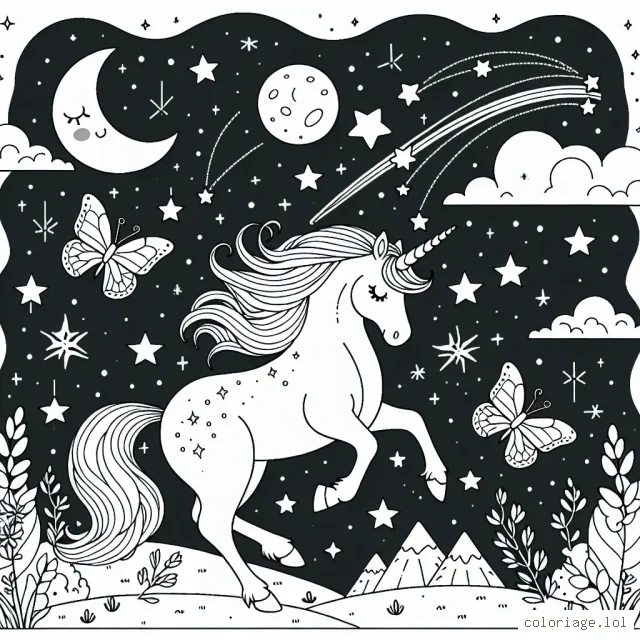 Dans un paysage magique, une licorne virevolte parmi les étoiles. Elle joue avec des papillons étincelants qui l'accompagnent dans son voyage à travers le ciel nocturne. D'une patte gracile, elle touche une étoile filante. Autour d'elle, des constellations brillent de mille feux et la lune sourit doucement.