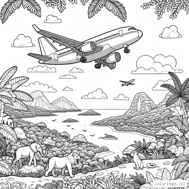 Un avion de ligne survolant un paysage exotique, avec des animaux en bas dans la jungle et des îles dans la mer lointaine.