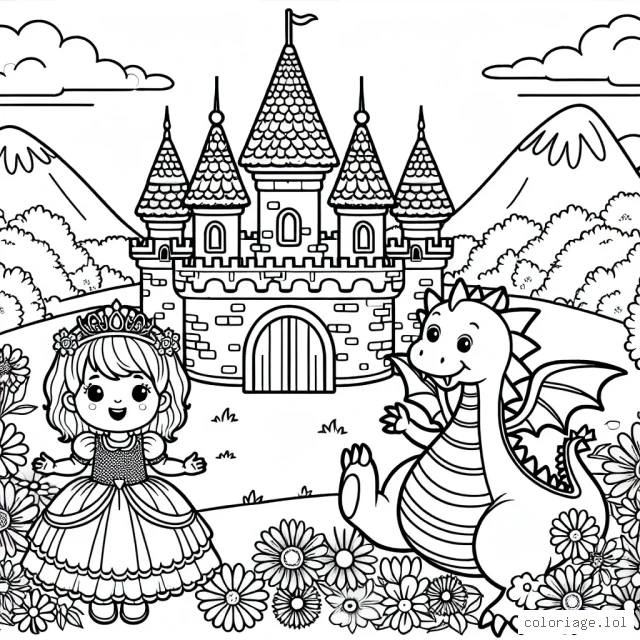 Un petit château féerique niché dans une vallée de fleurs colorées, habité par une petite princesse et son fidèle compagnon, un dragon souriant.