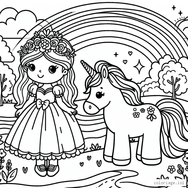 Une jolie princesse avec sa licorne au bord d'une rivière arc-en-ciel