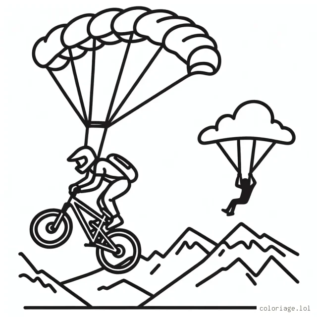 Un athlète effectuant un saut impressionnant en BMX au-dessus des montagnes, avec un parachute à l'arrière-plan prêt à être déployé