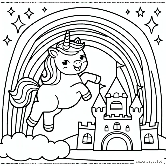 Une petite licorne joyeuse sautant par dessus un arc-en-ciel à côté d'un château de princesse resplendissant