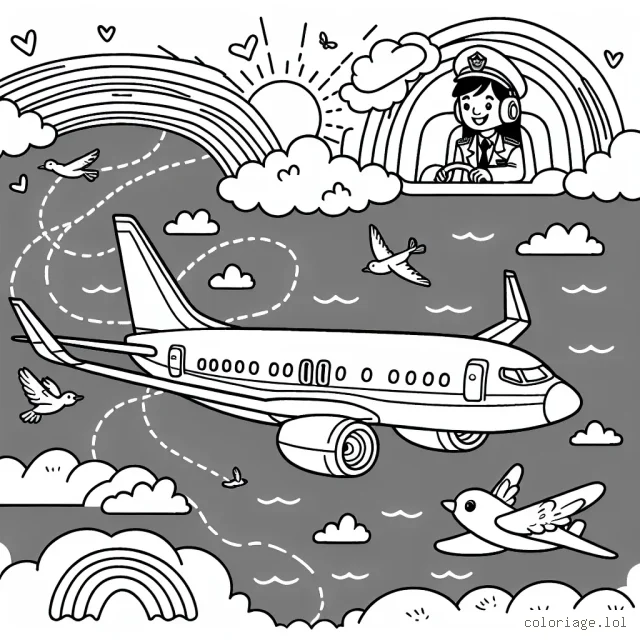 Un avion se faufile à travers les nuages, survole l'océan et passe à côté d'un arc-en-ciel, alors que le soleil se couche à l'horizon. Des oiseaux s'envolent près de l'avion, tandis qu'un autre avion plus petit est visible au loin. Dans le cockpit, on aperçoit le pilote et le copilote qui dirigent l'avion.